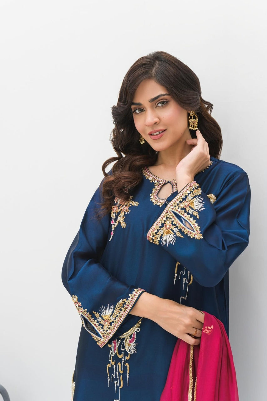 navy adorned with exquisite zardozi