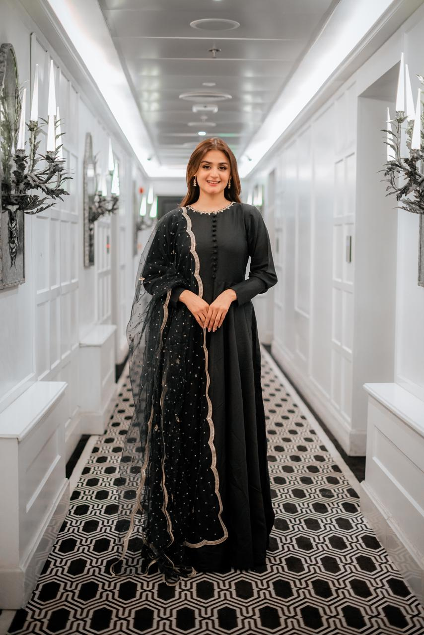 Black Kalidar Frock with Handworked Dupatta