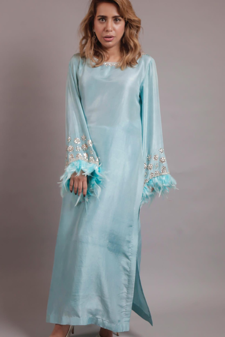 Pastel Blue Limited Edition Outfit with Glass Stone & Feather Sleeves