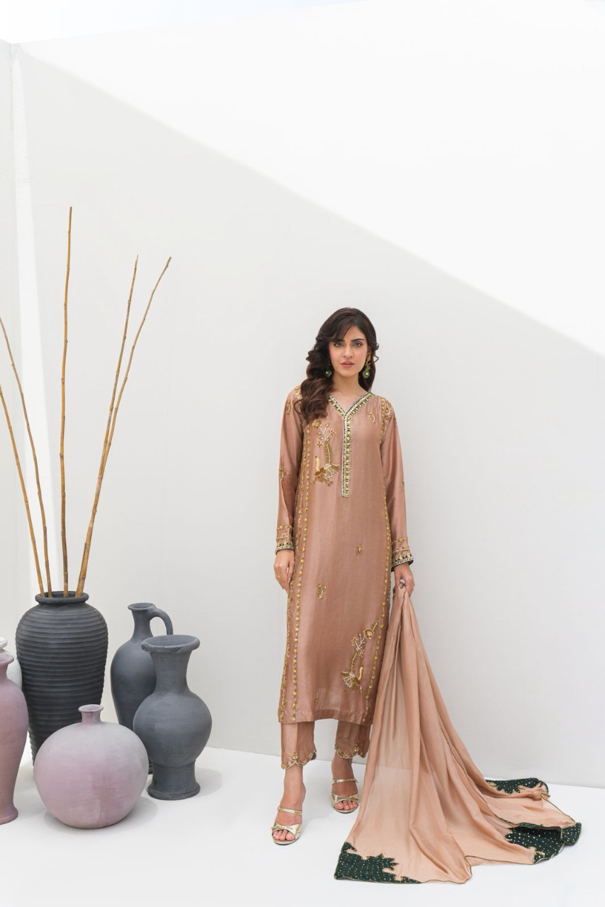 Caramel Sheesha Silk Outfit with Antique Gold Hand Embellishments