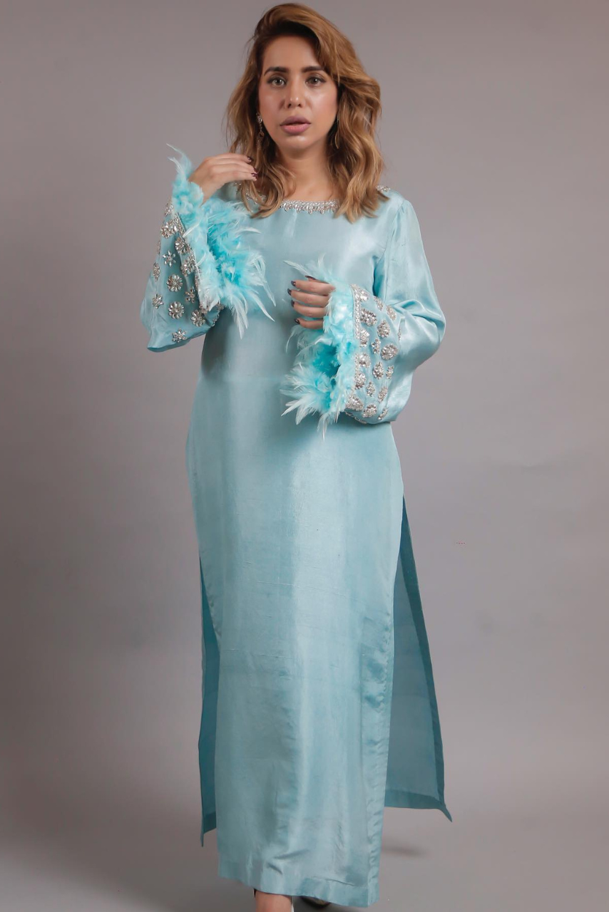 Pastel Blue Limited Edition Outfit with Glass Stone & Feather Sleeves