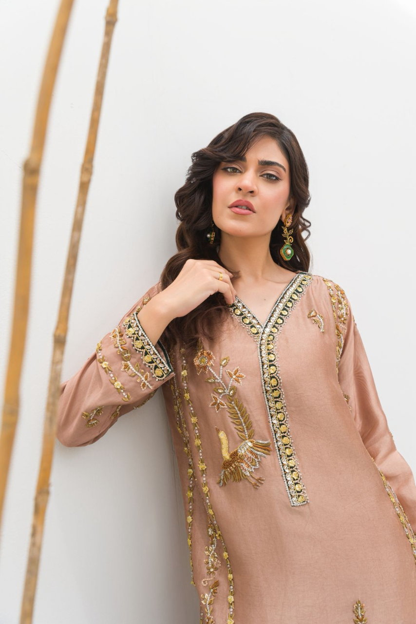 Caramel Sheesha Silk Outfit with Antique Gold Hand Embellishments