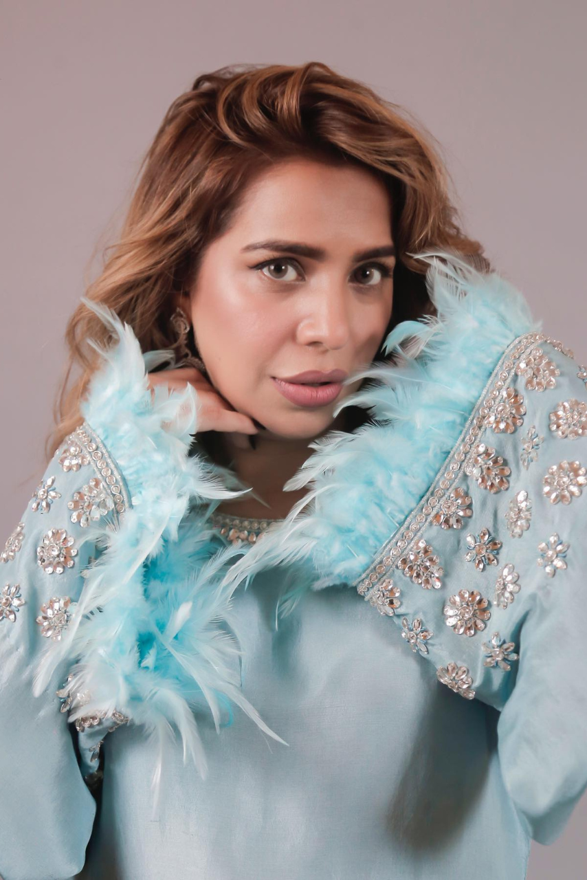Pastel Blue Limited Edition Outfit with Glass Stone & Feather Sleeves