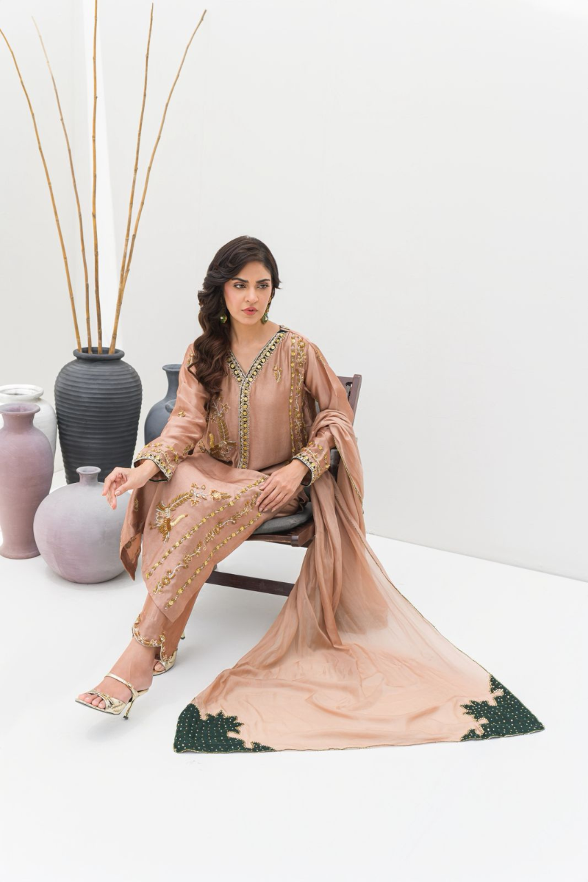 Caramel Sheesha Silk Outfit with Antique Gold Hand Embellishments