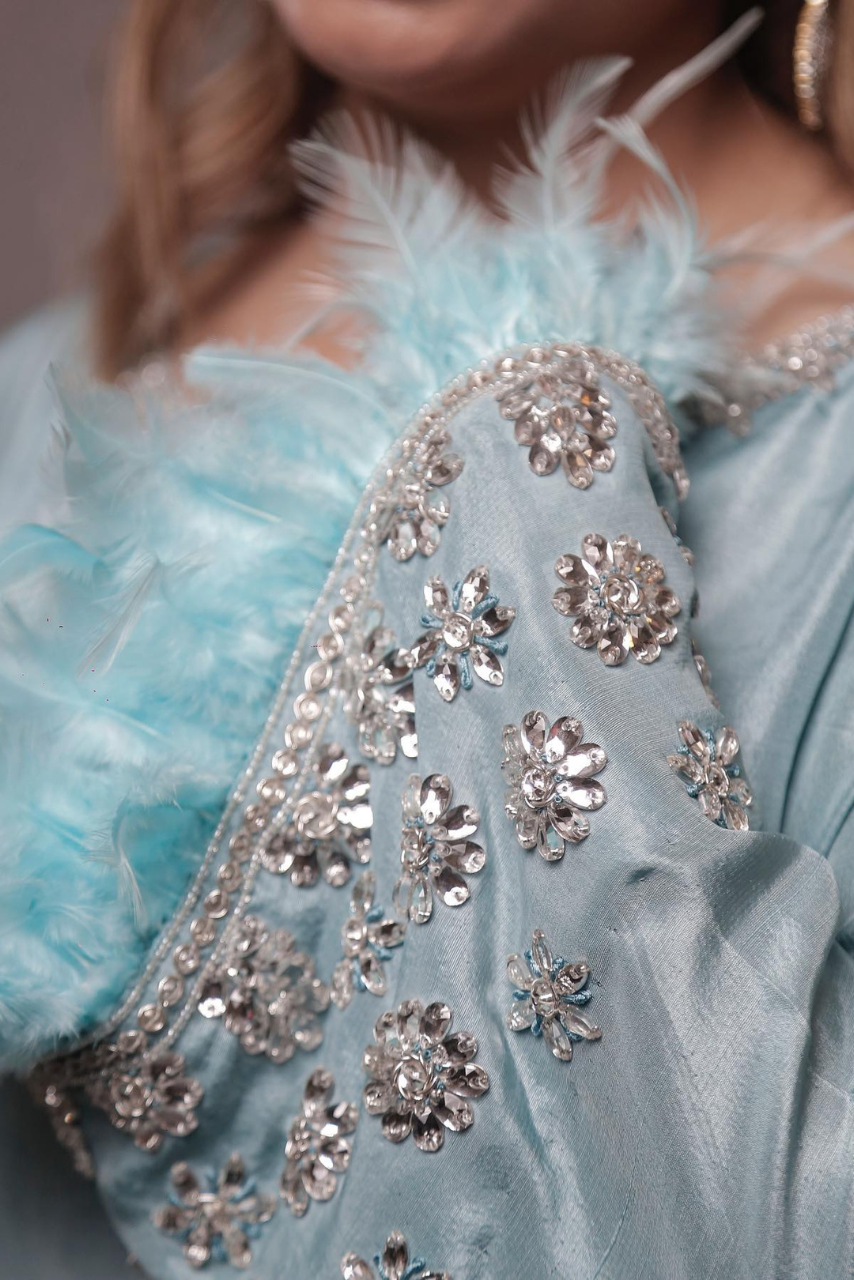 Pastel Blue Limited Edition Outfit with Glass Stone & Feather Sleeves