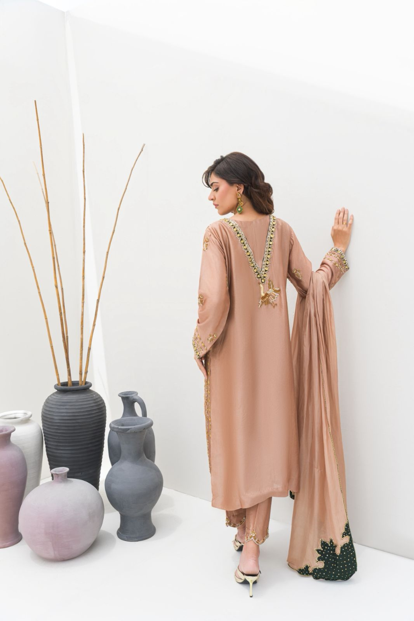 Caramel Sheesha Silk Outfit with Antique Gold Hand Embellishments
