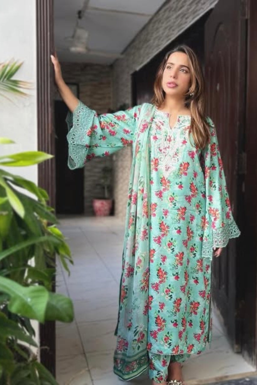 Printed silk with printed chiffon dupatta with Kota dabka