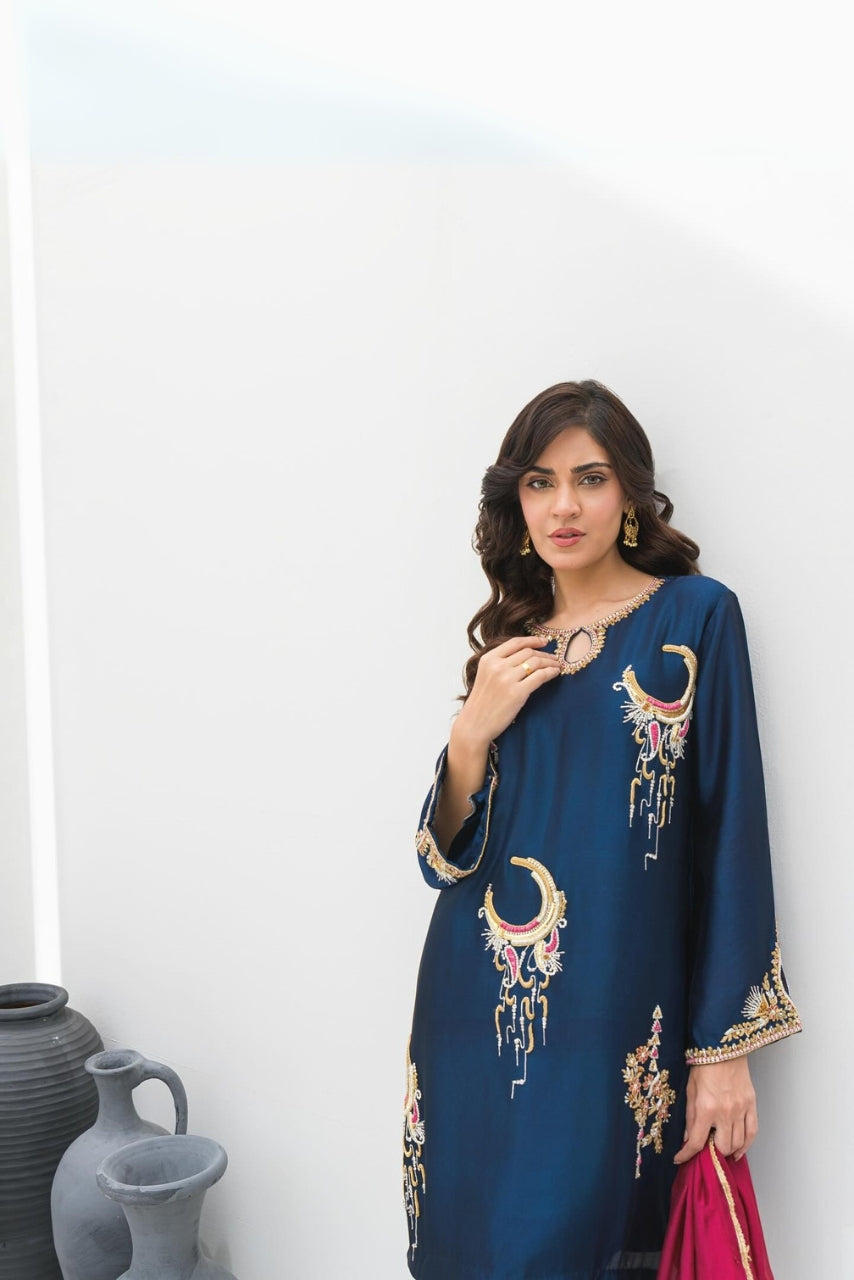 navy adorned with exquisite zardozi