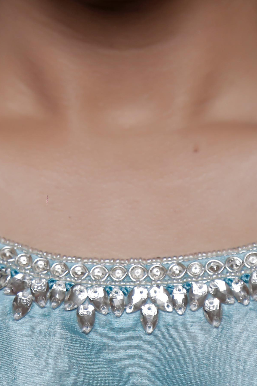 Pastel Blue Limited Edition Outfit with Glass Stone & Feather Sleeves