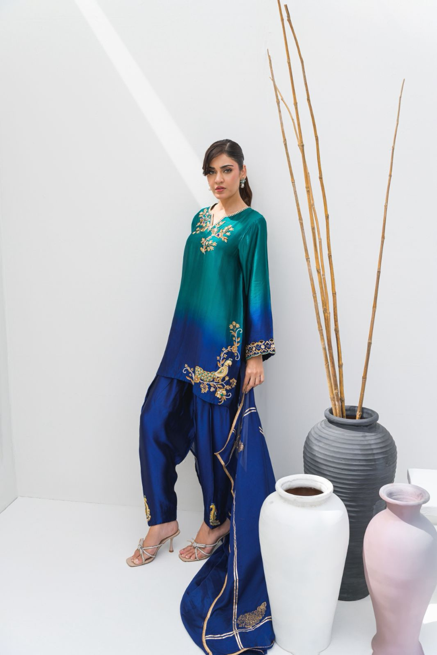 Emerald Green & Sapphire Silk Outfit with Golden Handwork