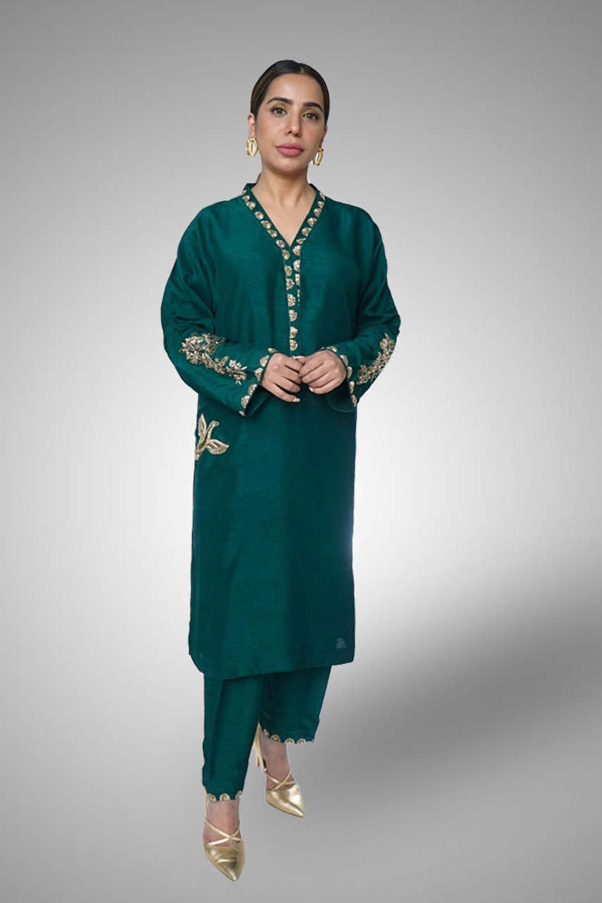 Ottle Green Sheesha Silk Ensemble with Mukesh Work