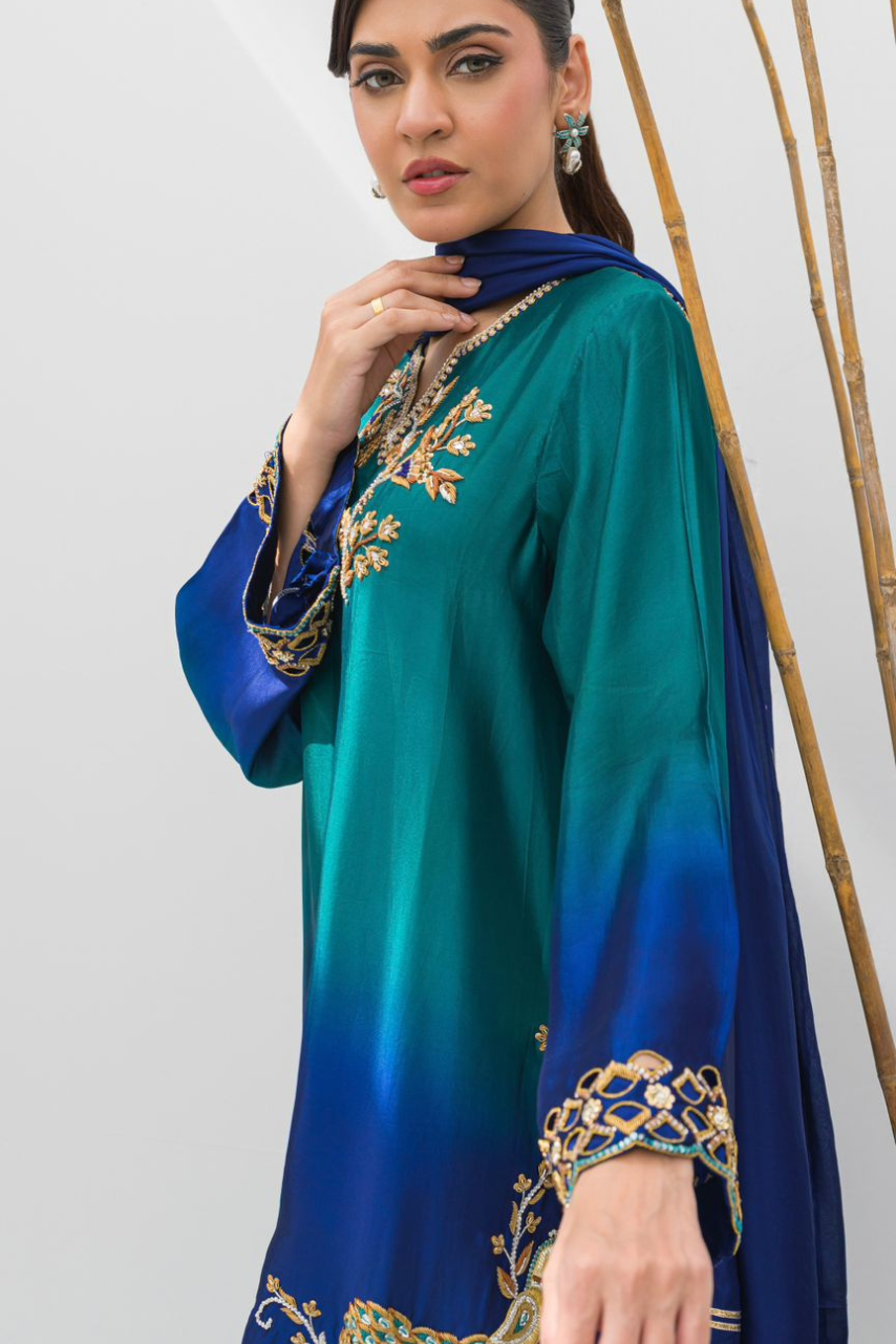 Emerald Green & Sapphire Silk Outfit with Golden Handwork