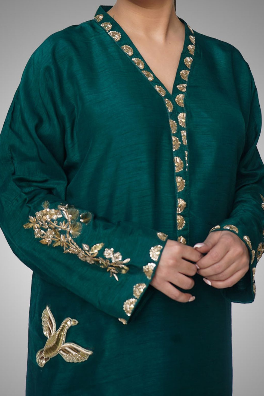 Ottle Green Sheesha Silk Ensemble with Mukesh Work