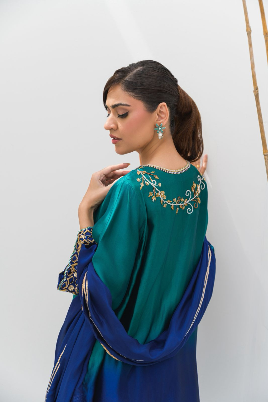 Emerald Green & Sapphire Silk Outfit with Golden Handwork