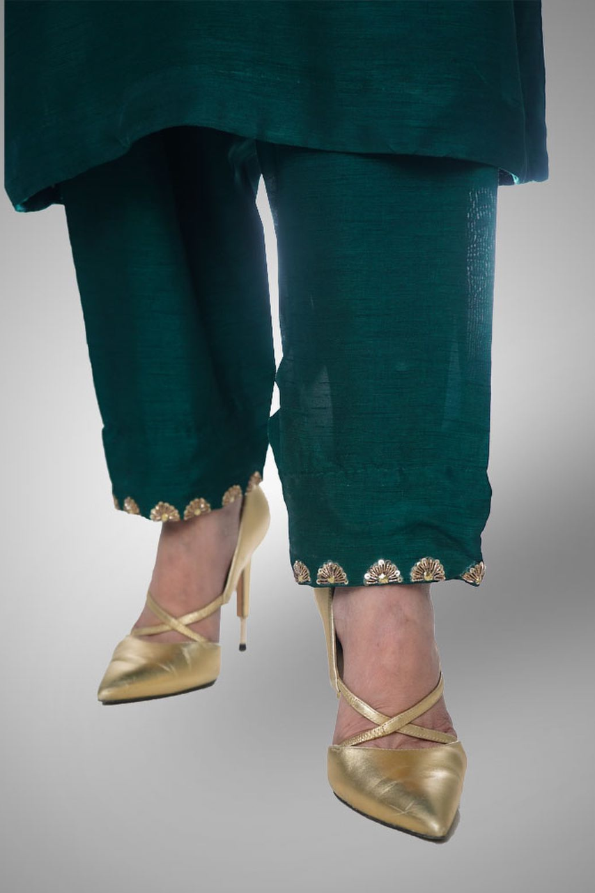 Ottle Green Sheesha Silk Ensemble with Mukesh Work