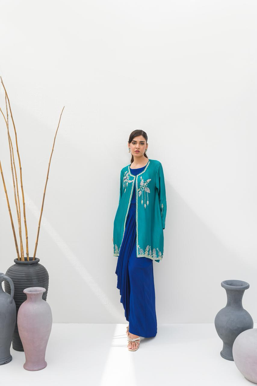 Royal Blue & Sea Green Saree Drape Pant Style Outfit