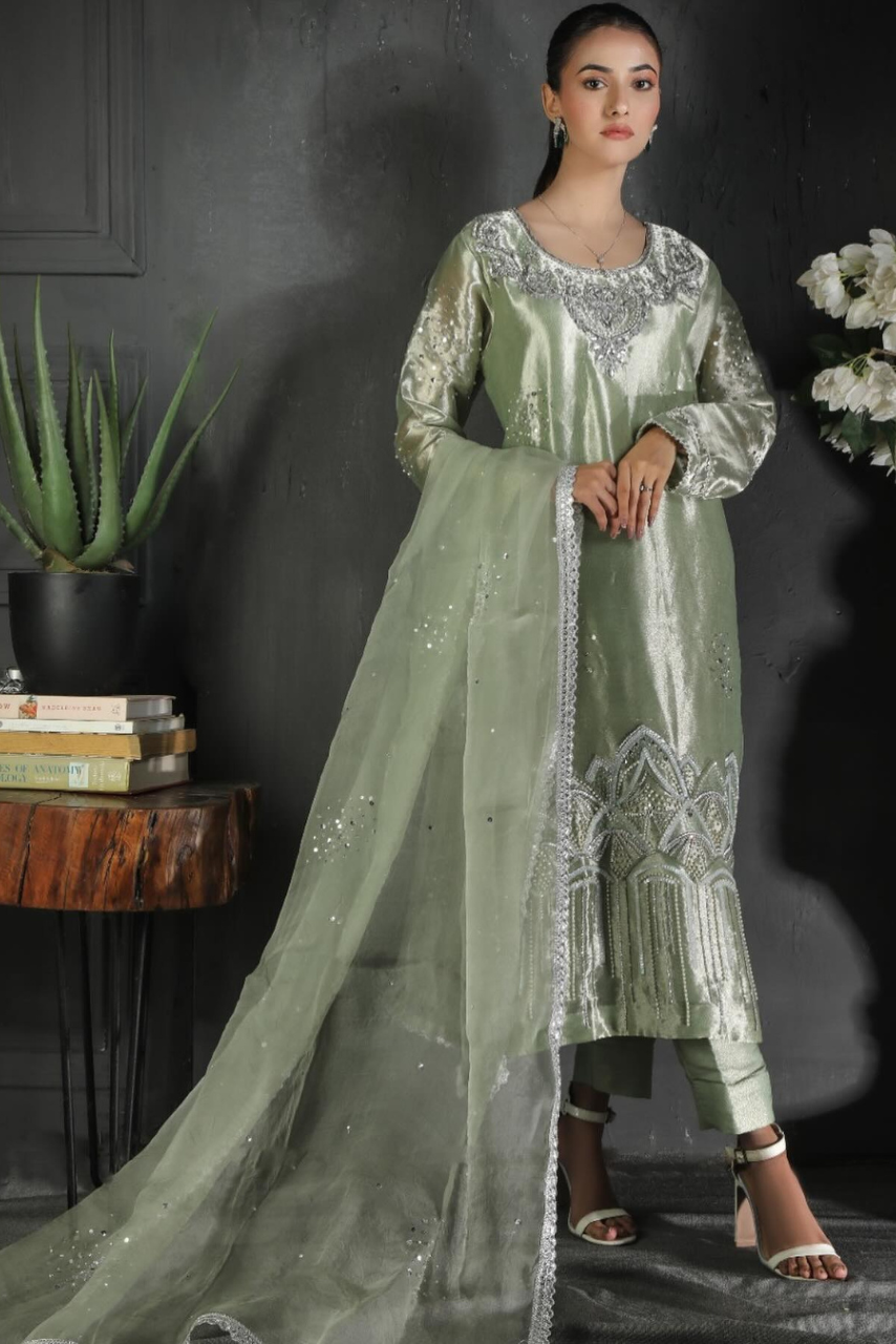 Pastel Mint Green Lamma Dress with Silver Zardozi & Organza Dupatta