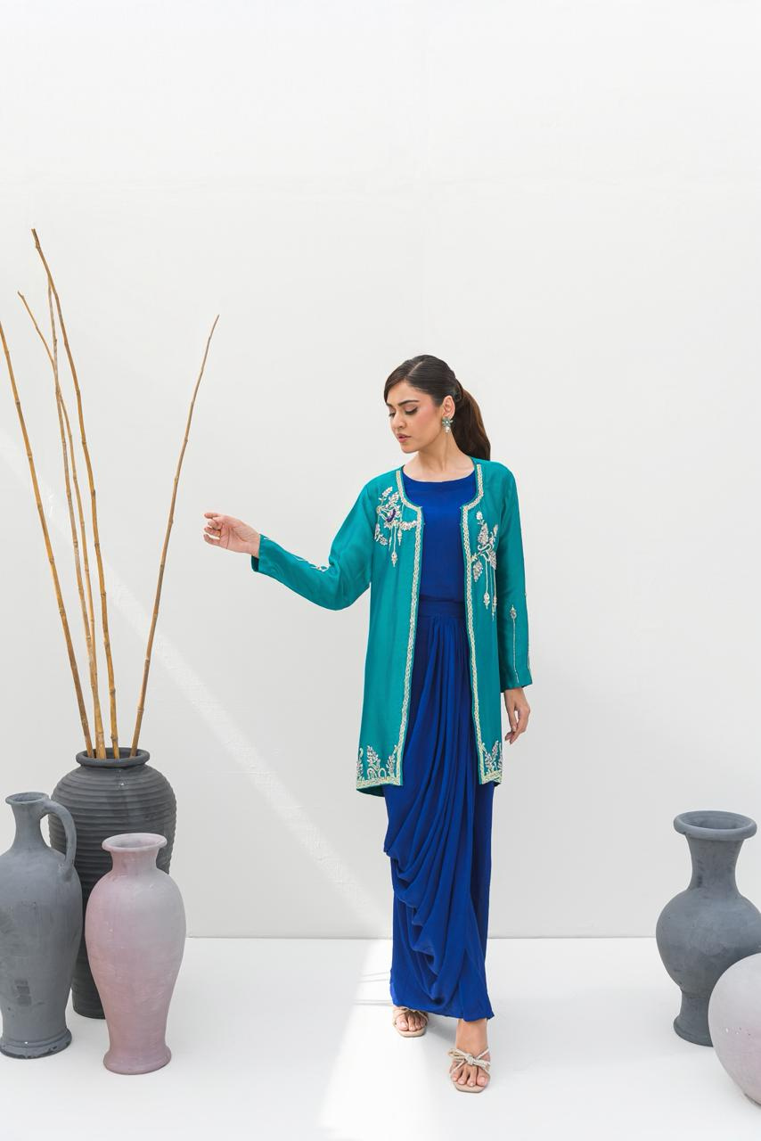 Royal Blue & Sea Green Saree Drape Pant Style Outfit