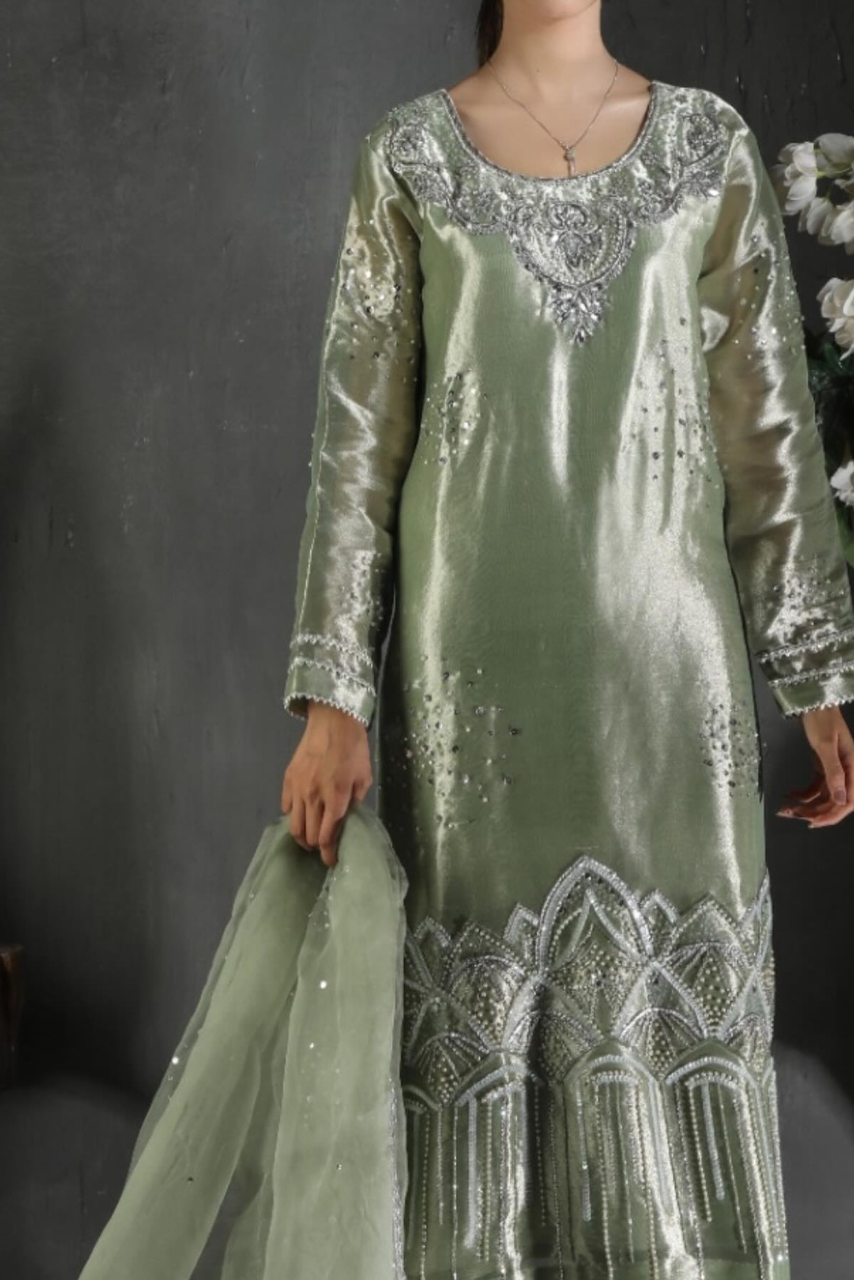 Pastel Mint Green Lamma Dress with Silver Zardozi & Organza Dupatta