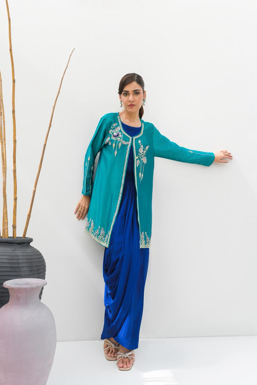 Royal Blue & Sea Green Saree Drape Pant Style Outfit