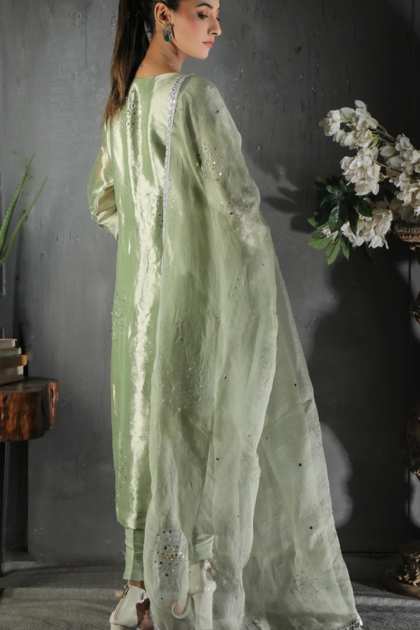 Pastel Mint Green Lamma Dress with Silver Zardozi & Organza Dupatta