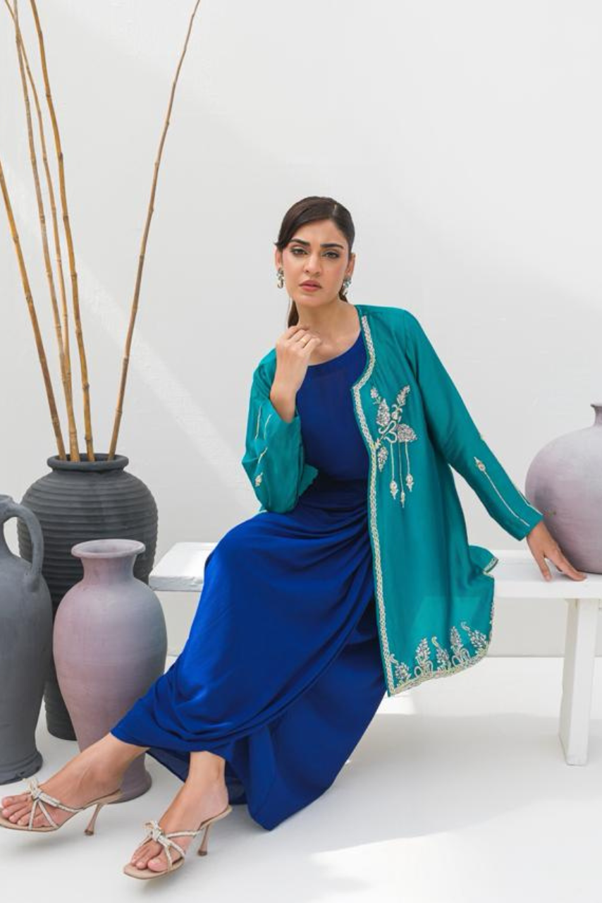 Royal Blue & Sea Green Saree Drape Pant Style Outfit