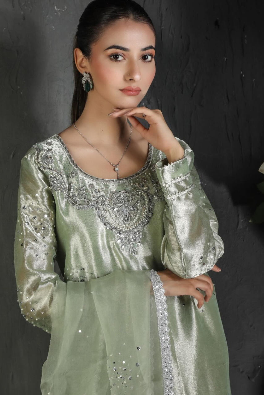 Pastel Mint Green Lamma Dress with Silver Zardozi & Organza Dupatta