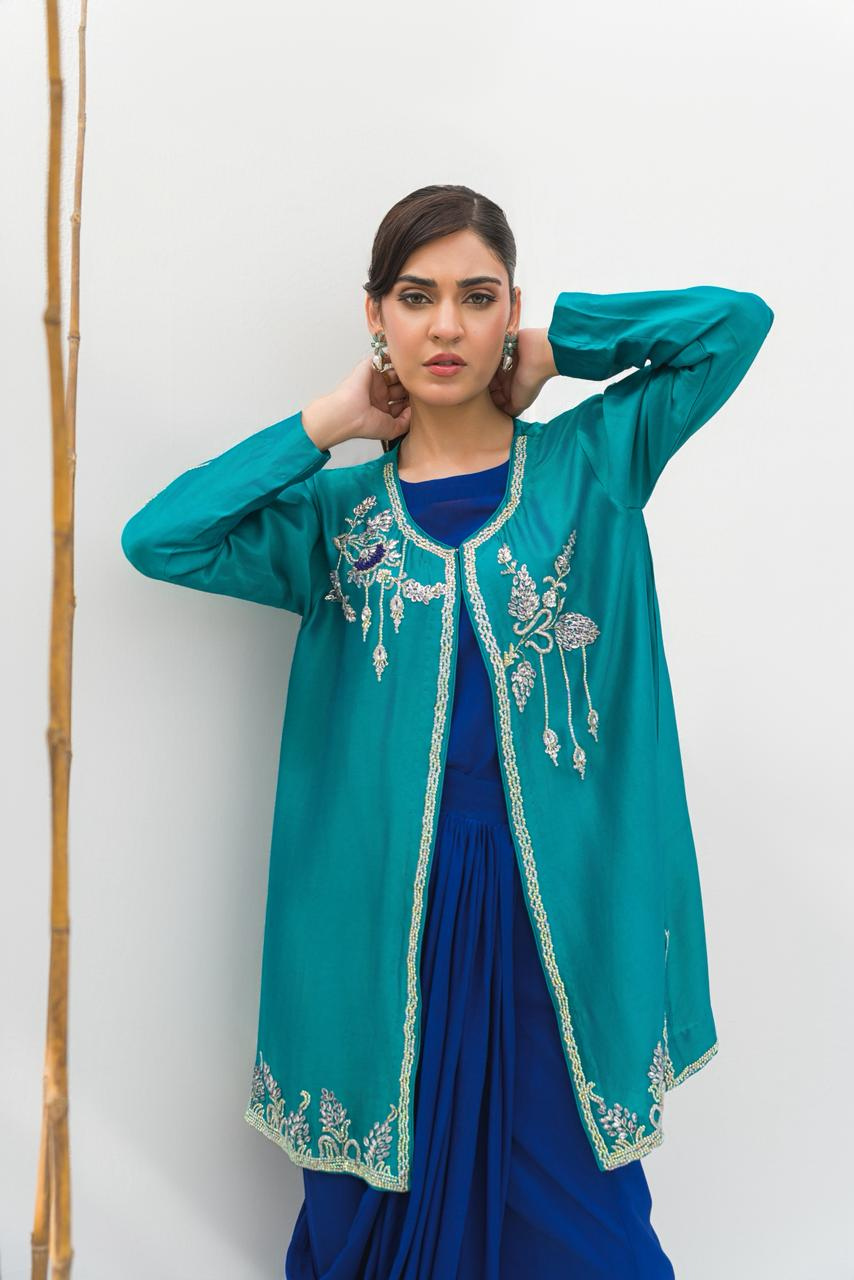 Royal Blue & Sea Green Saree Drape Pant Style Outfit