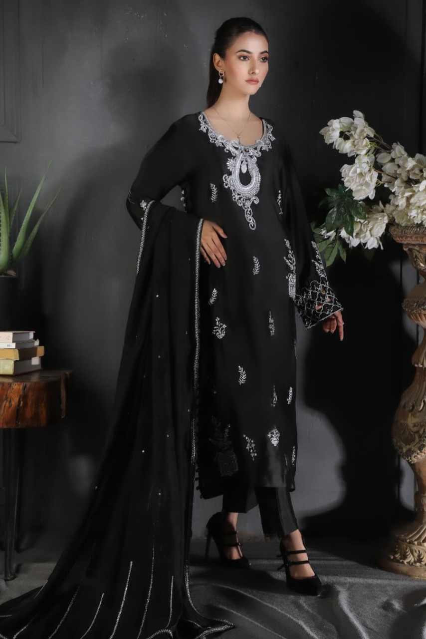 Black Sheesha Silk Outfit with Handworked Dupatta