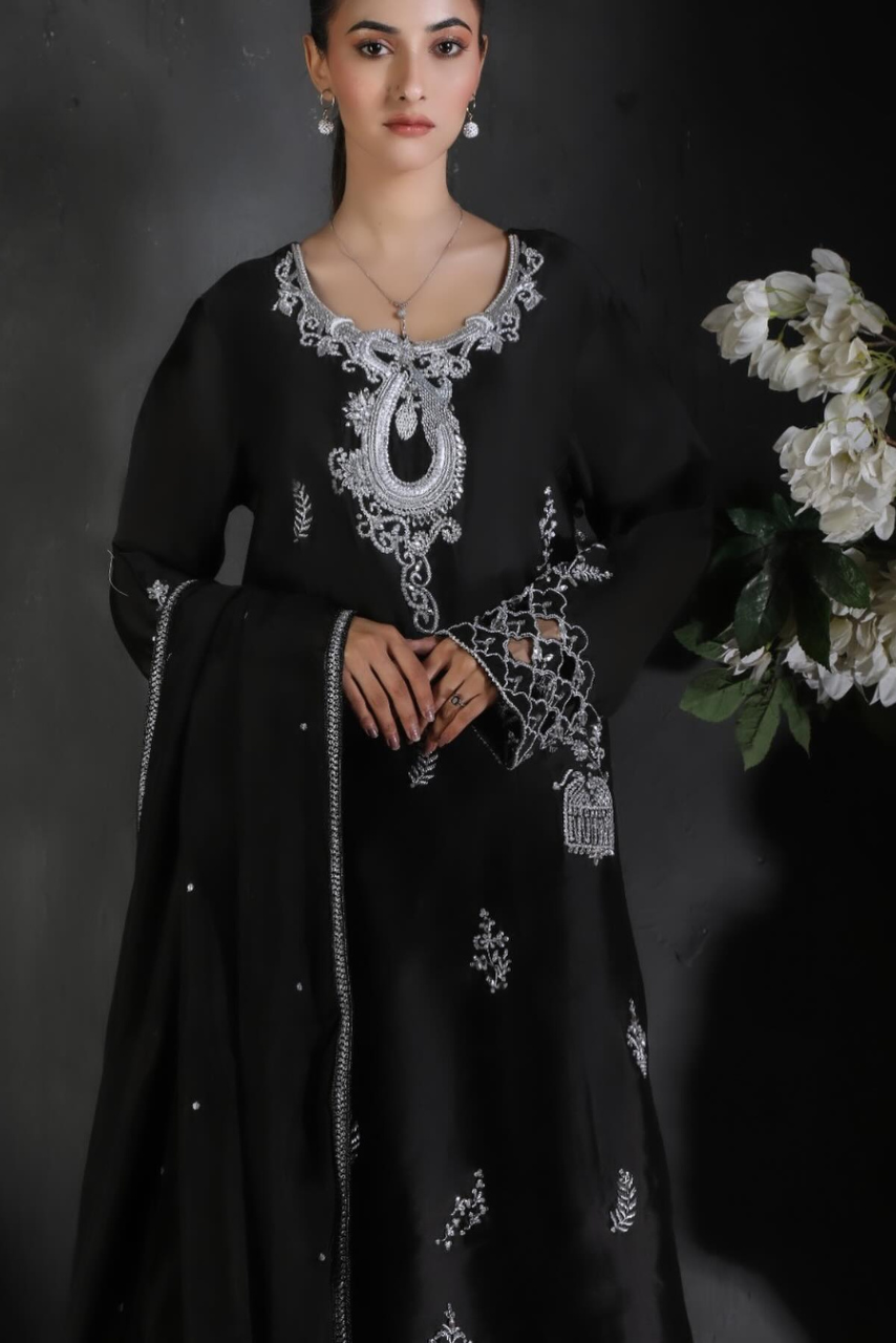 Black Sheesha Silk Outfit with Handworked Dupatta