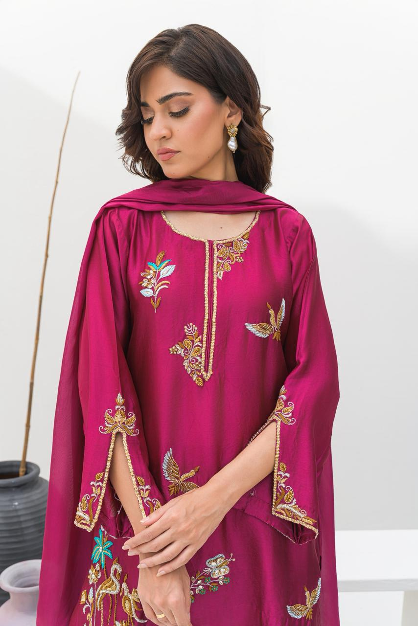Luxury Magenta and Sea Green Pure Silk Dress