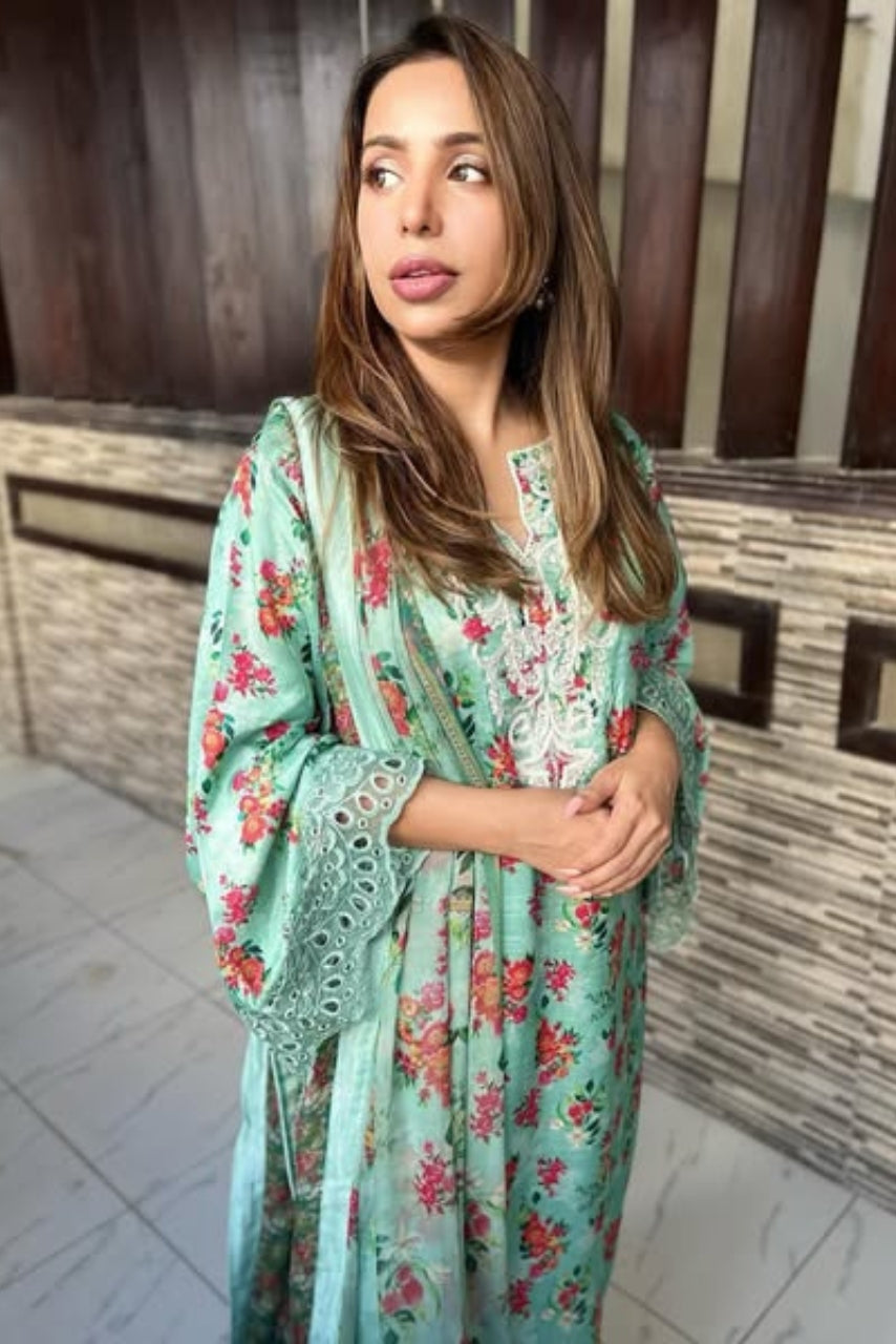 Printed silk with printed chiffon dupatta with Kota dabka