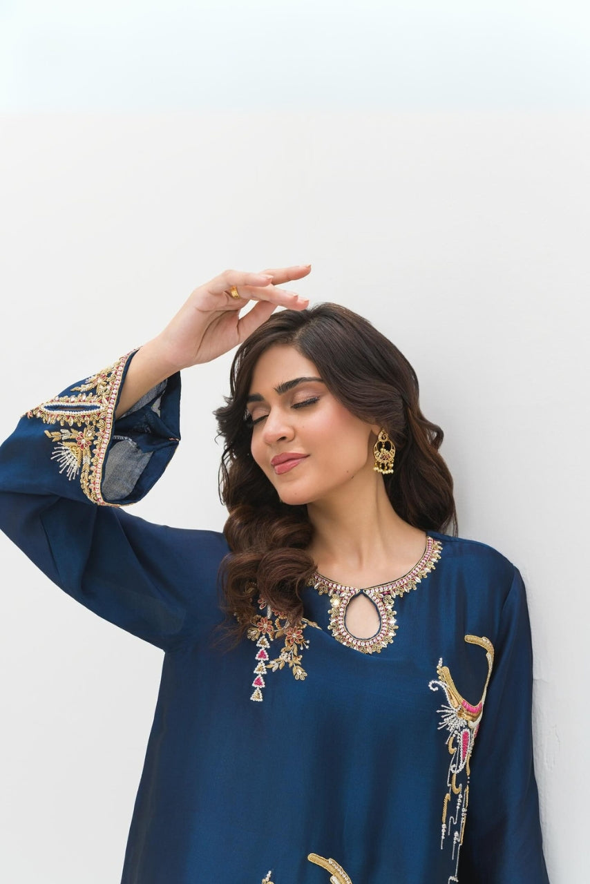 navy adorned with exquisite zardozi