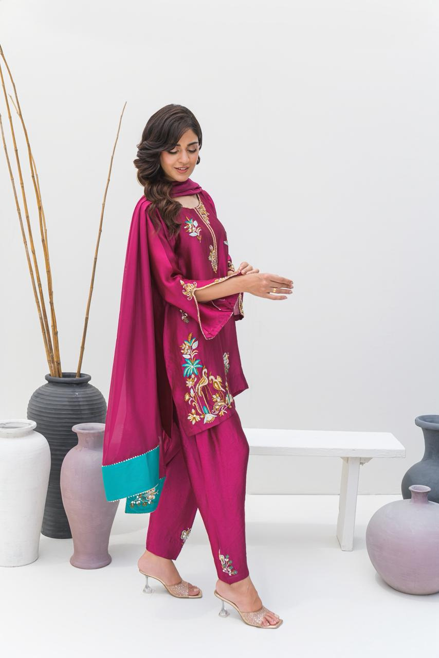 Luxury Magenta and Sea Green Pure Silk Dress