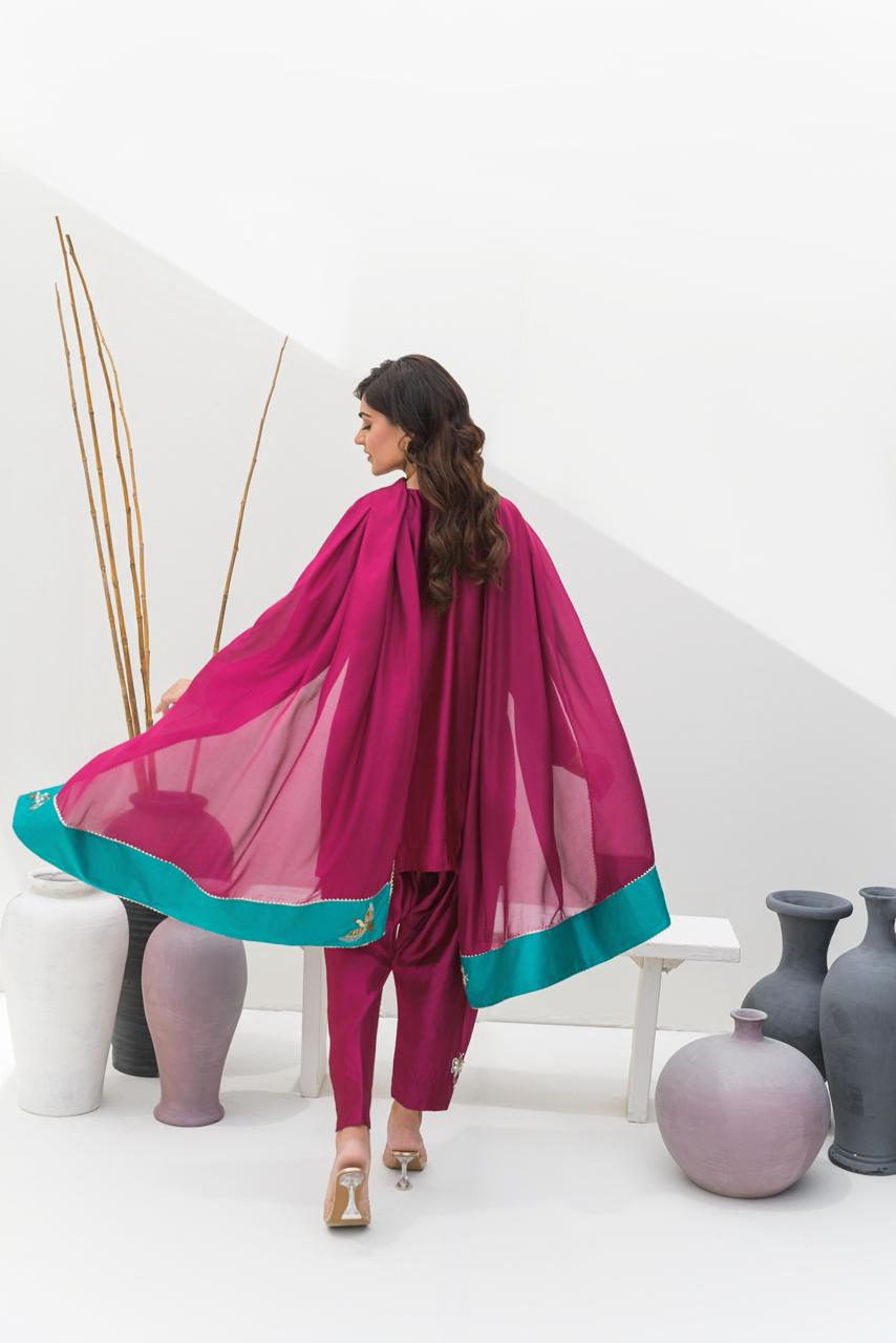Luxury Magenta and Sea Green Pure Silk Dress