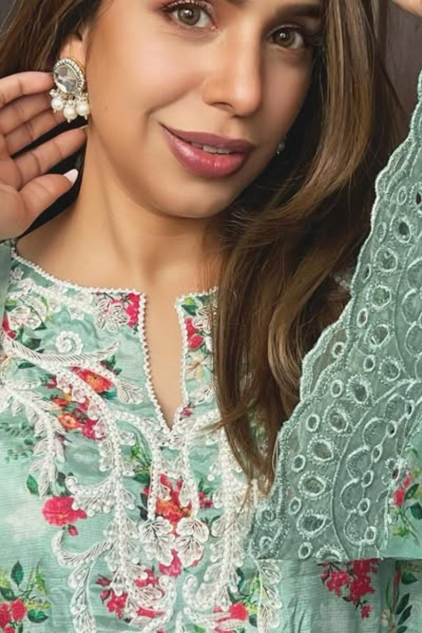 Printed silk with printed chiffon dupatta with Kota dabka