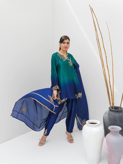 Emerald Green & Sapphire Silk Outfit with Golden Handwork