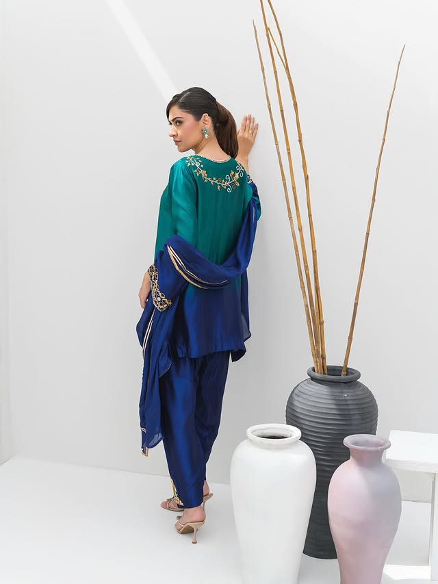 Emerald Green & Sapphire Silk Outfit with Golden Handwork