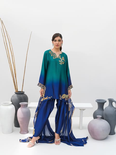 Emerald Green & Sapphire Silk Outfit with Golden Handwork