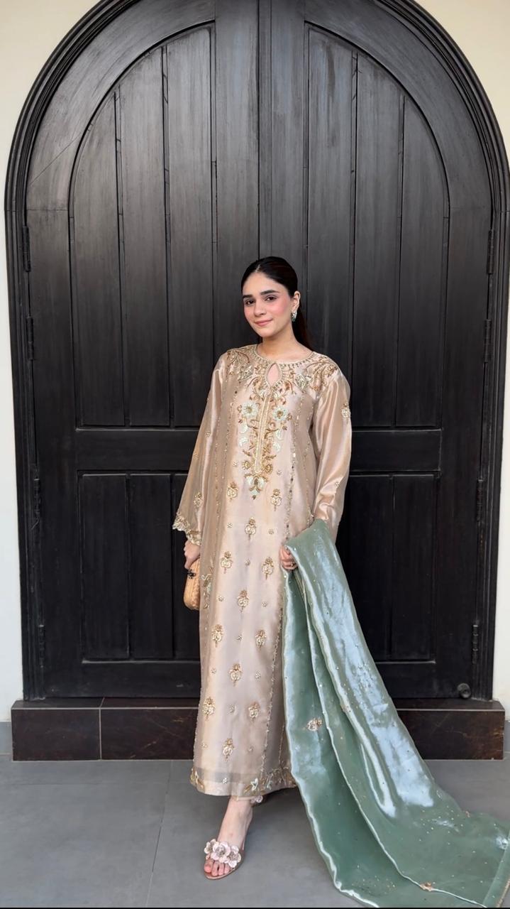 Mint Green Pure Lama Silk Embroidered Formal Suit