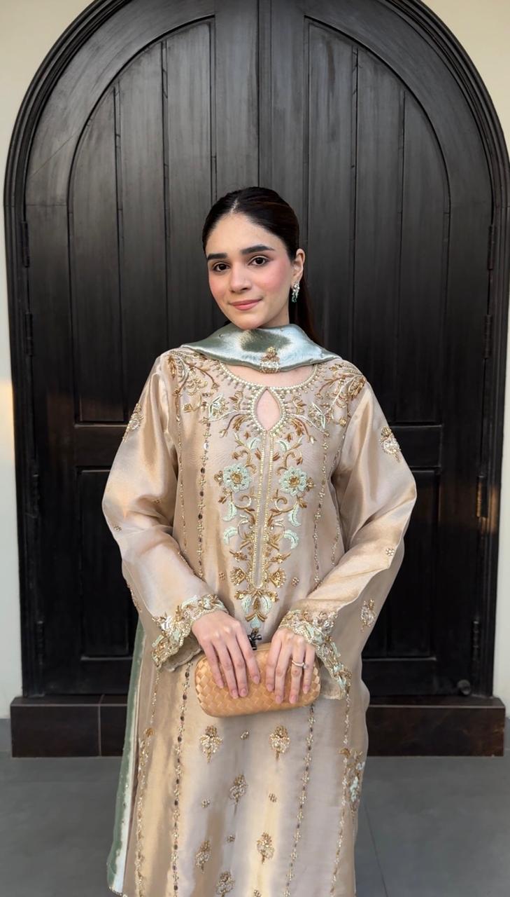 Mint Green Pure Lama Silk Embroidered Formal Suit
