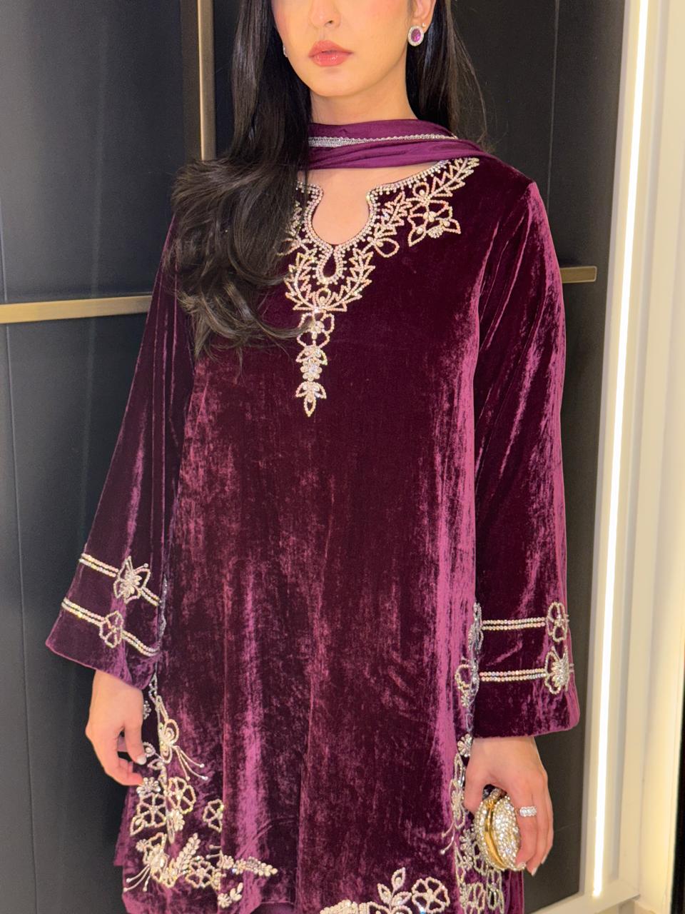 Deep Plum Velvet Embroidered Suit