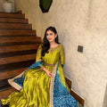 Olive Green Embroidered Anarkali with Contrast Dupatta