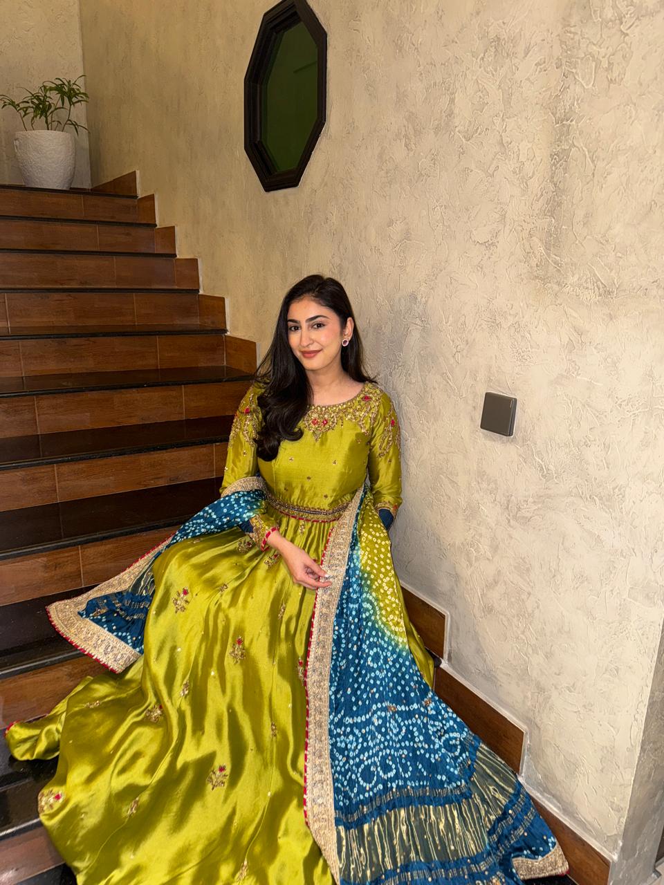 Olive Green Embroidered Anarkali with Contrast Dupatta