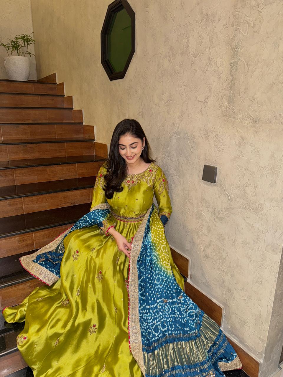 Olive Green Embroidered Anarkali with Contrast Dupatta